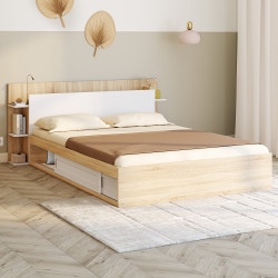 SARI tweepersoonsbed met opbergruimte, boxspring en hoofdbord 140 x 190 cm hout en wit