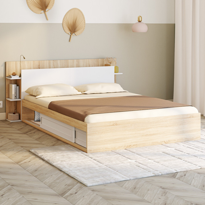 SARI tweepersoonsbed met opbergruimte, boxspring en hoofdbord 140 x 190 cm hout en wit