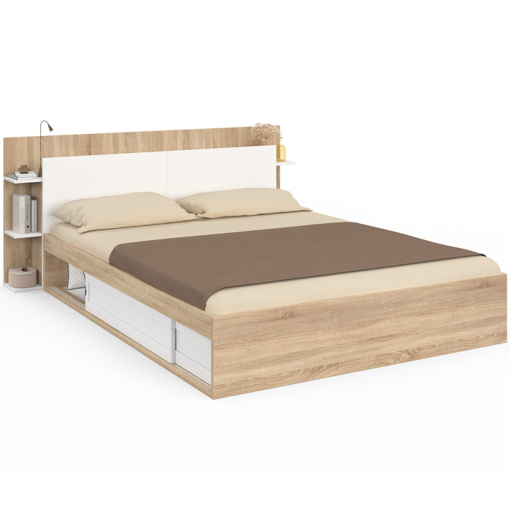 SARI tweepersoonsbed met opbergruimte, boxspring en hoofdbord 140 x 190 cm hout en wit