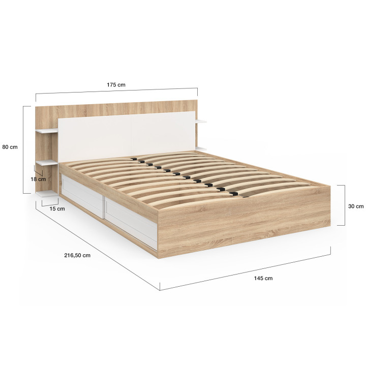 SARI tweepersoonsbed met opbergruimte, boxspring en hoofdbord 140 x 190 cm hout en wit