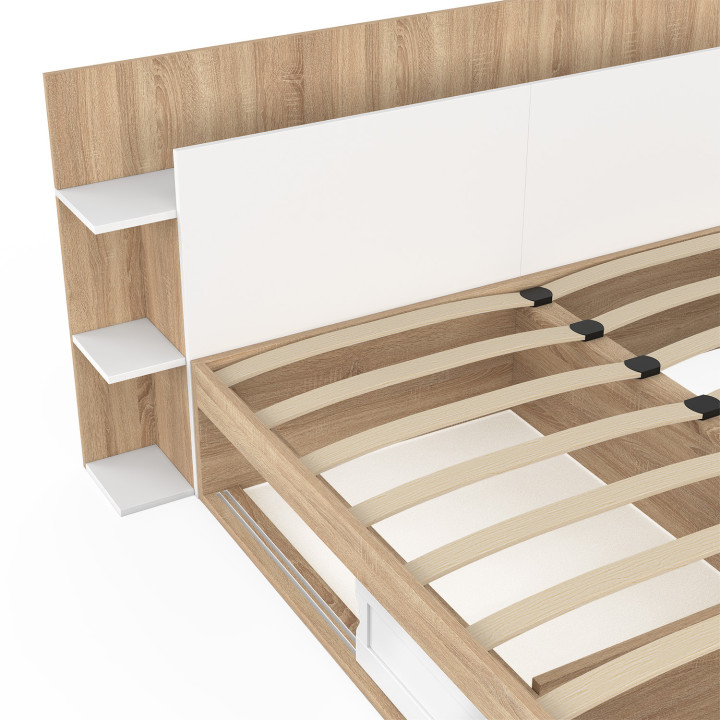 SARI tweepersoonsbed met opbergruimte, boxspring en hoofdbord 140 x 190 cm hout en wit
