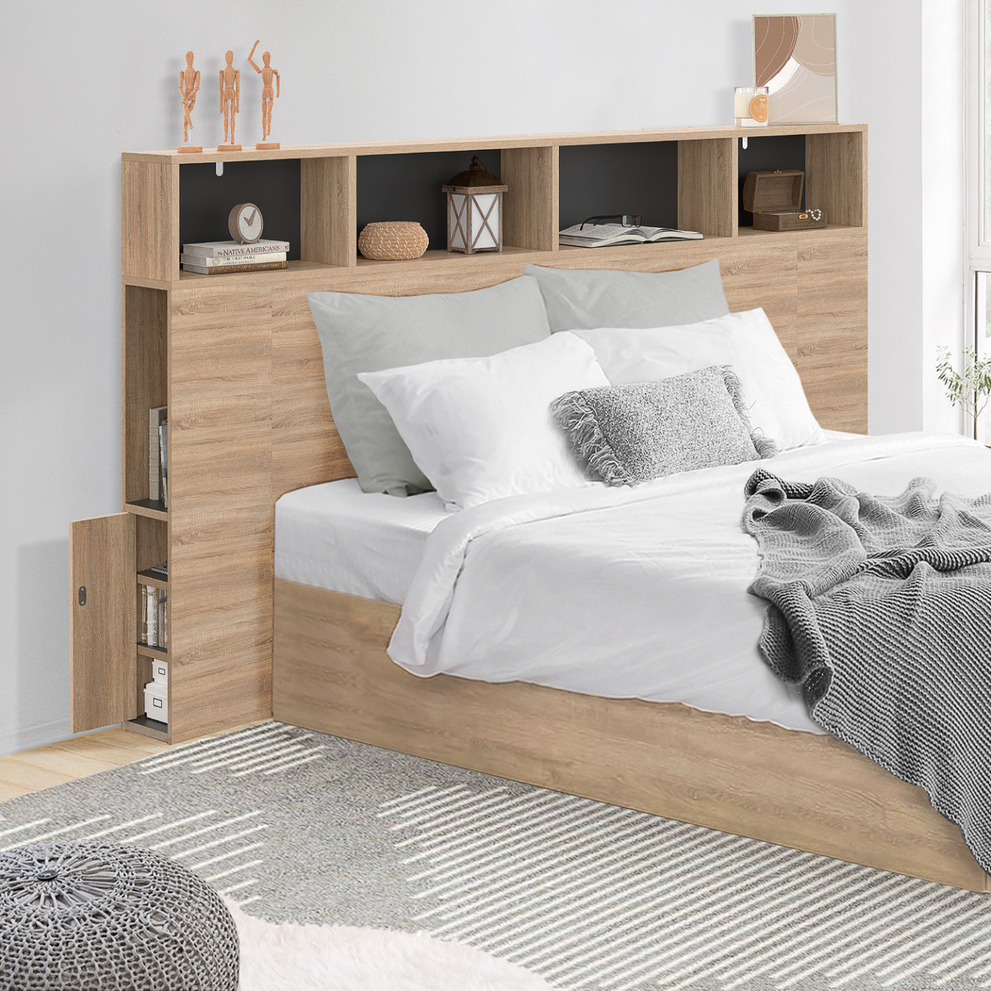 Tête de lit avec rangement bois façon hêtre et noir 165 cm - CLEO ...