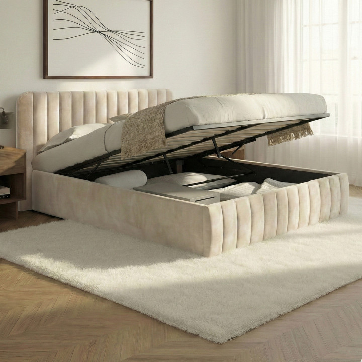 Tweepersoons boxspring met boxspring en hoofdbord 140x190 beige fluweel - ALBA | ID Market