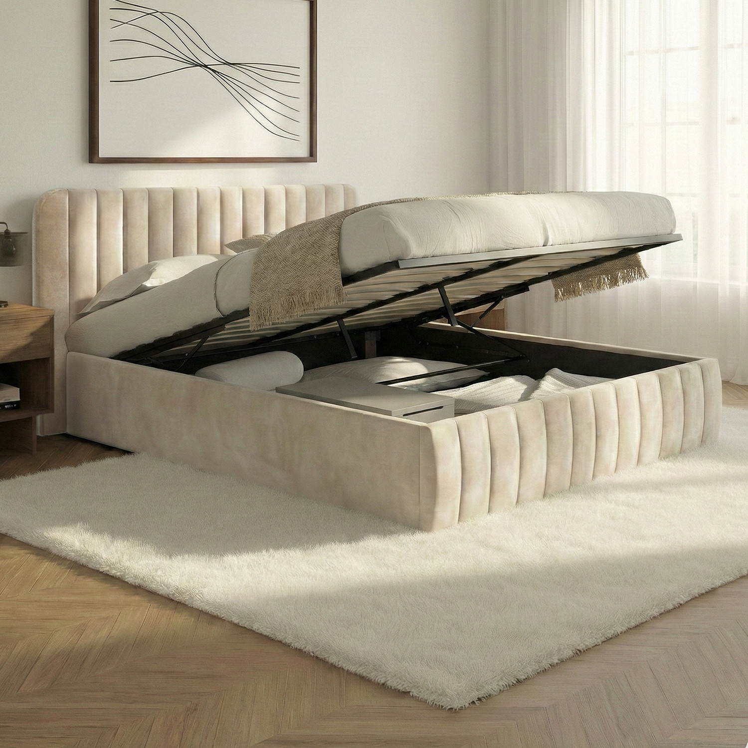 Lit coffre velours beige 140x190 avec sommier et tête de lit