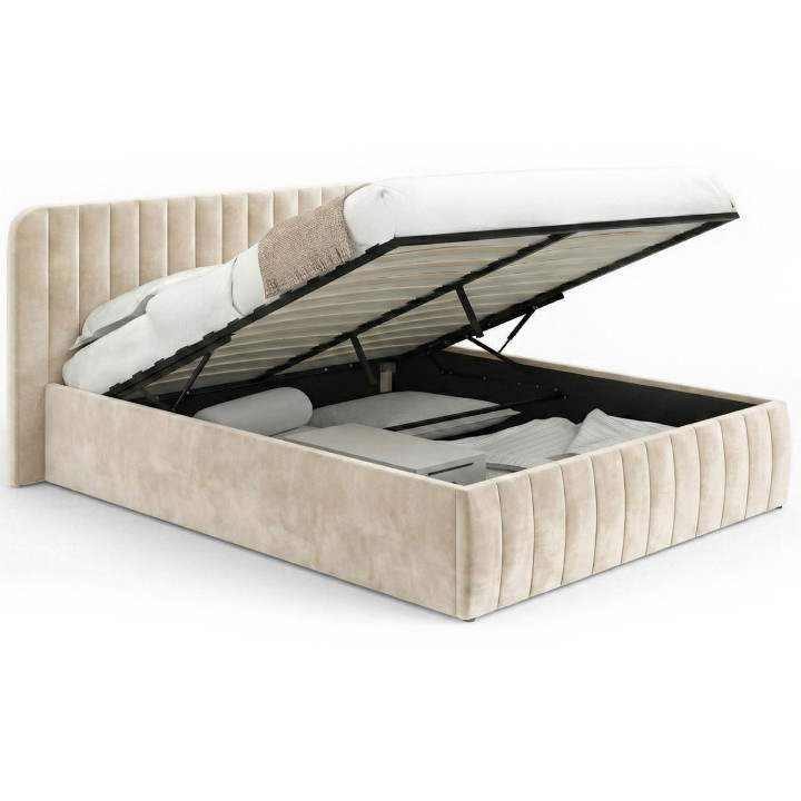Cama box doble con somier y cabecero 140x190 terciopelo beige - ALBA | ID Market