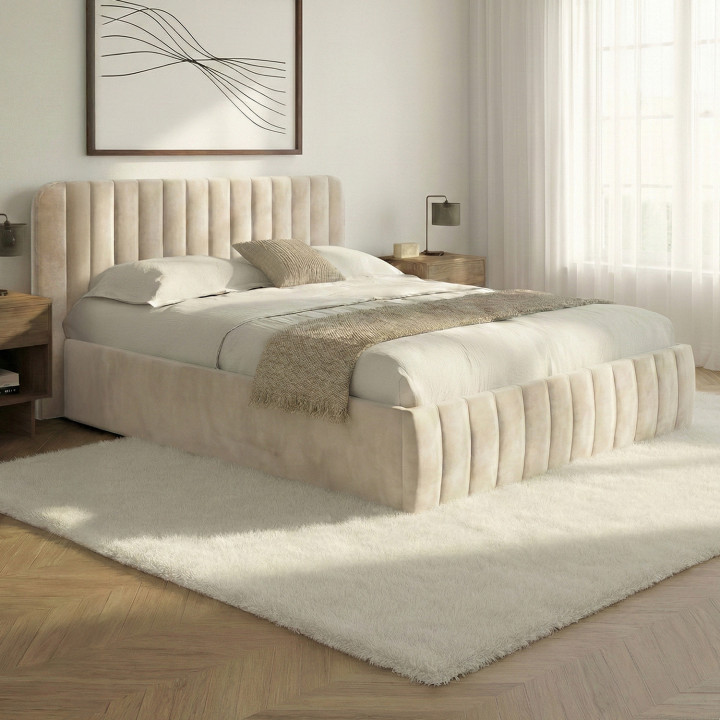 Tweepersoons boxspring met boxspring en hoofdbord 140x190 beige fluweel - ALBA | ID Market