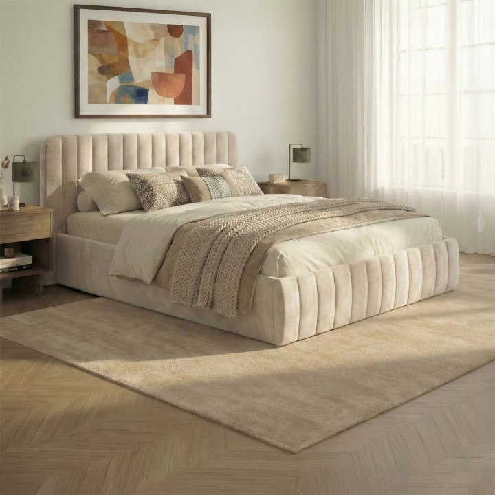 Cama doble con cabecero 160x200cm terciopelo beige - ALBA | ID Market