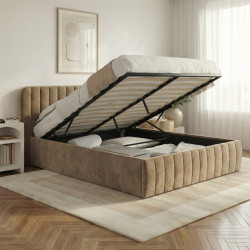 Cama doble con cabecero y somier 140 x 190 cm terciopelo taupe - ALBA | IdMarket