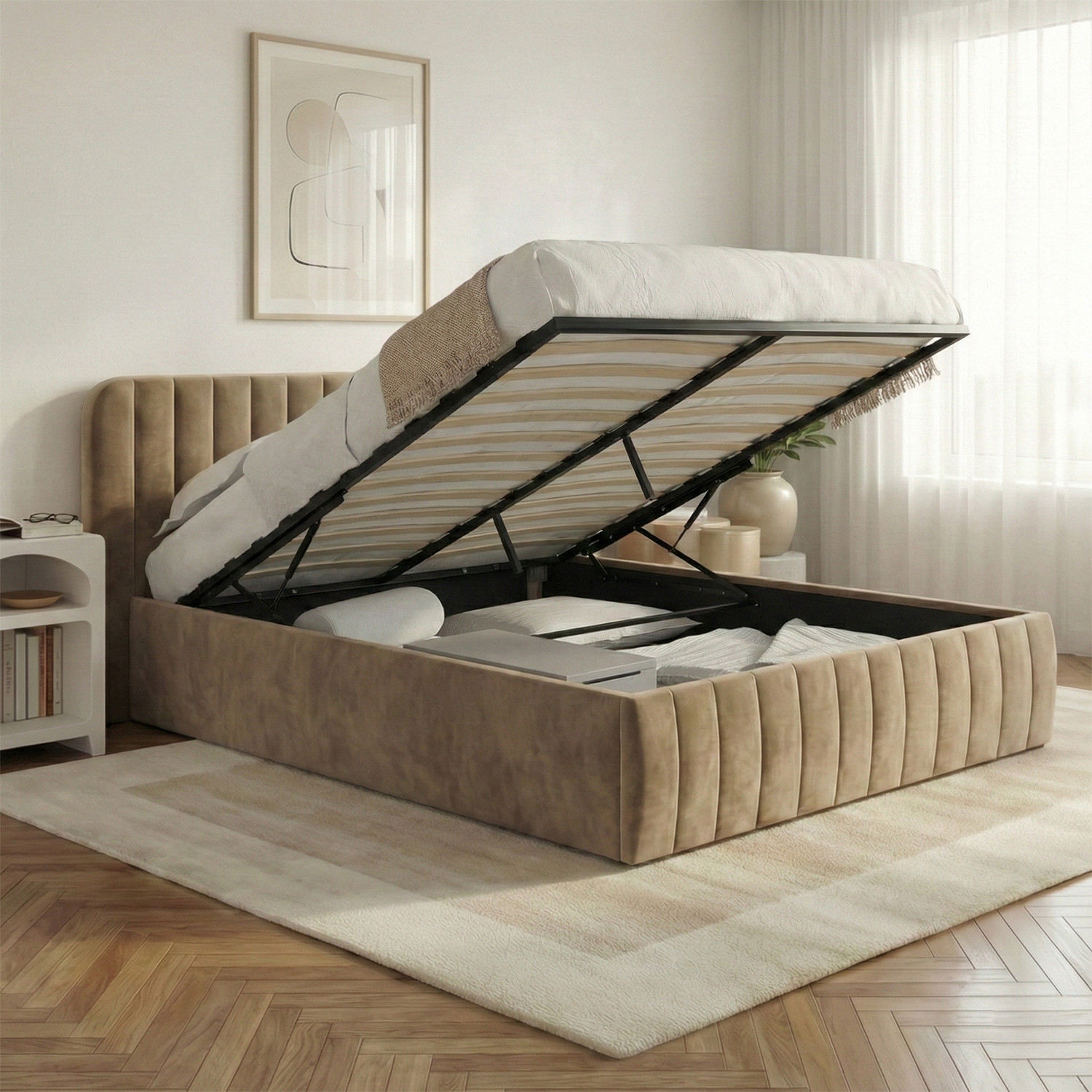 Lit coffre double avec tête de lit et sommier 140 x 190 cm velours taupe