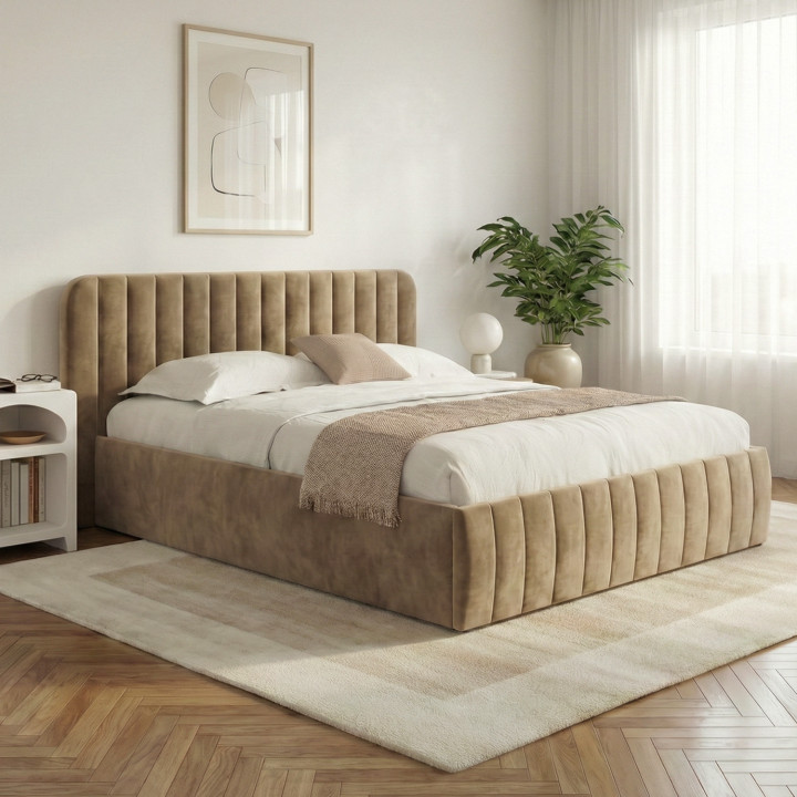 Tweepersoons kistbed met hoofdeinde en bedbodem 140 x 190 cm fluweel taupe - ALBA | IdMarket