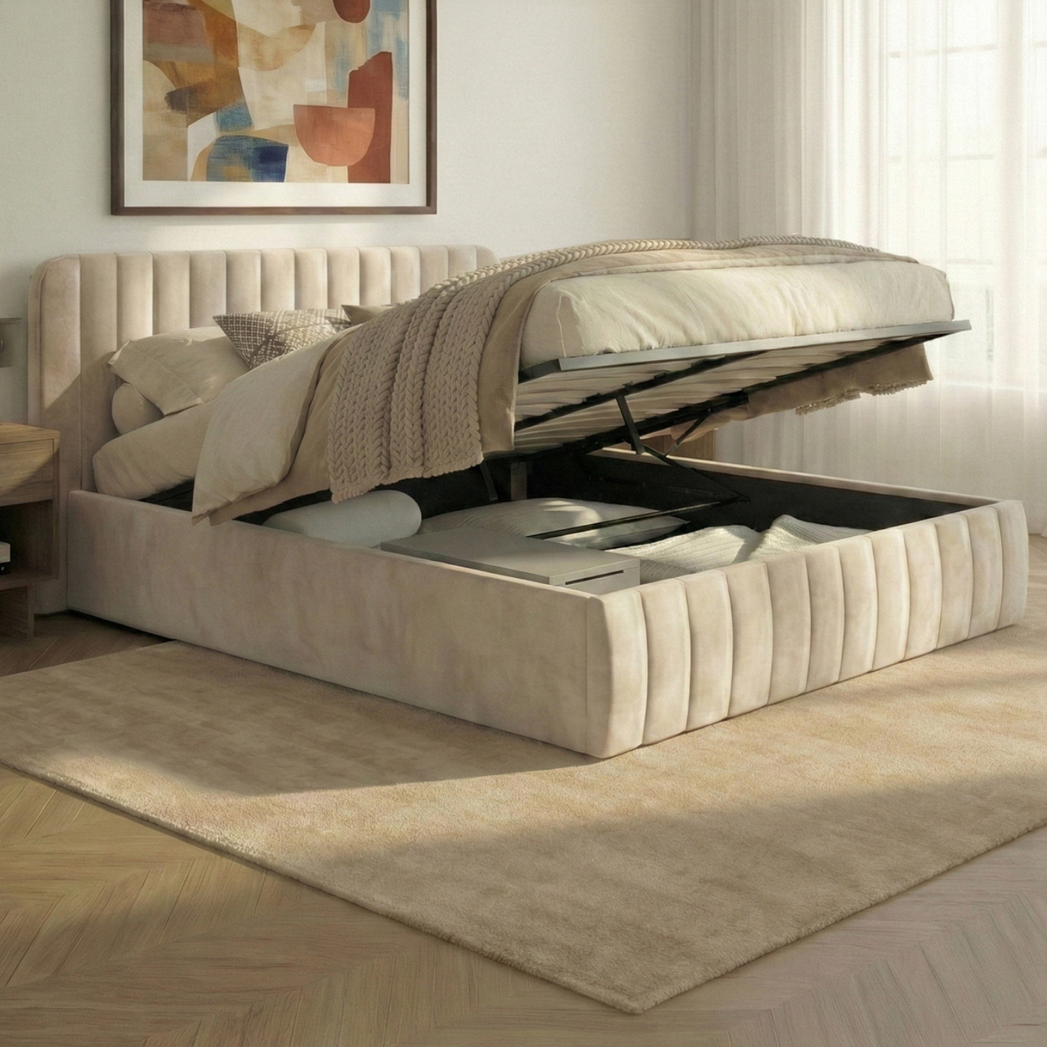 Lit coffre double avec tête de lit en velours beige 160x200 cm