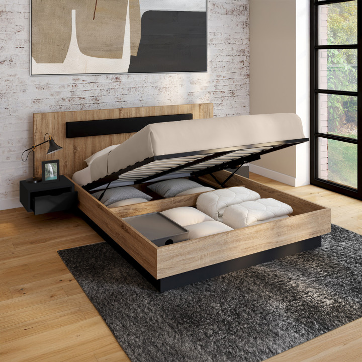 Lit coffre double SANTA avec tête de lit + tables de chevets intégrées et sommier 140 x 190 cm bois et noir