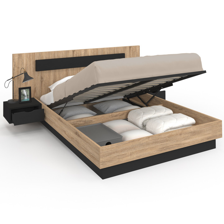Letto matrimoniale 140x190 in legno e nero con comodini integrati - SANTA | Zen Cart! IDMarket