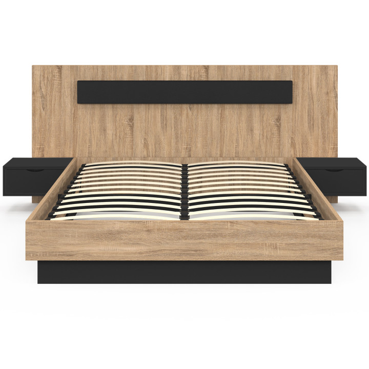 Lit coffre double SANTA avec tête de lit + tables de chevets intégrées et sommier 140 x 190 cm bois et noir