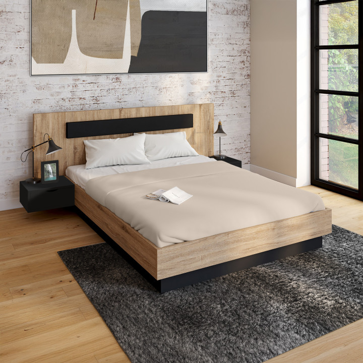 Kasten-Doppelbett 140x190 Holz und Schwarz mit integrierten Nachttischen - SANTA | IDMarket