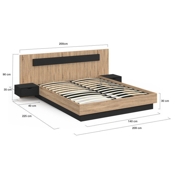 ¡Madera y negro cama doble 140x190 con mesitas de noche integradas - SANTA | Zen Cart! IDMarket