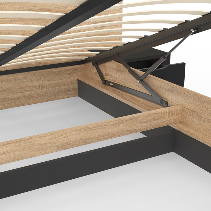 ¡Madera y negro cama doble 140x190 con mesitas de noche integradas - SANTA | Zen Cart! IDMarket