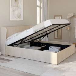 Lit coffre double OREA avec tête de lit enveloppante à oreilles et sommier 140 x 190 cm velours beige