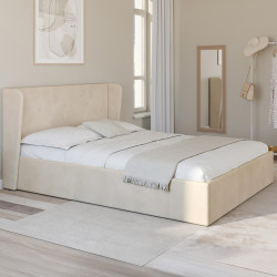 Doppelkastenbett mit umhüllendem Kopfteil und Lattenrost 140 x 190 cm Velours beige - OREA | IdMarket