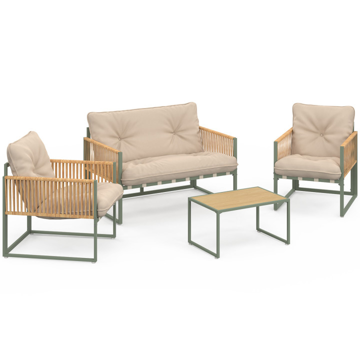 Set di mobili da giardino bassi a 4 posti con struttura in metallo verde, cordame effetto rattan chiaro e cuscini beige