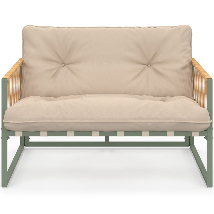 Set di mobili da giardino bassi a 4 posti con struttura in metallo verde, cordame effetto rattan chiaro e cuscini beige