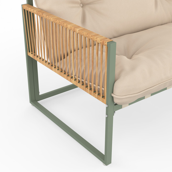 Set di mobili da giardino bassi a 4 posti con struttura in metallo verde, cordame effetto rattan chiaro e cuscini beige