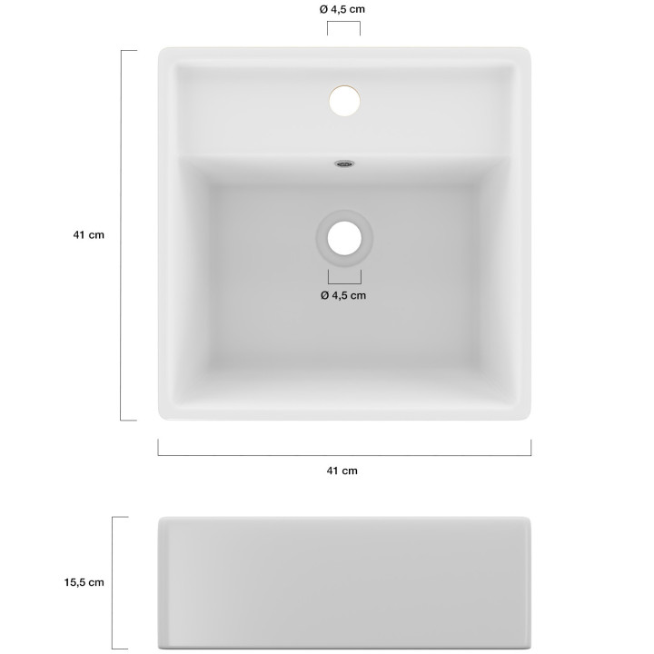 Vierkante witte keramische wastafel L. 41 x B. 41 x H. 15,5 cm