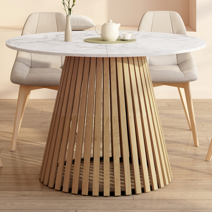 CARMEN ronde uitschuifbare eettafel voor 4-8 personen met houten lattenbodem en wit marmeren blad ALASKA 110 - 150 cm