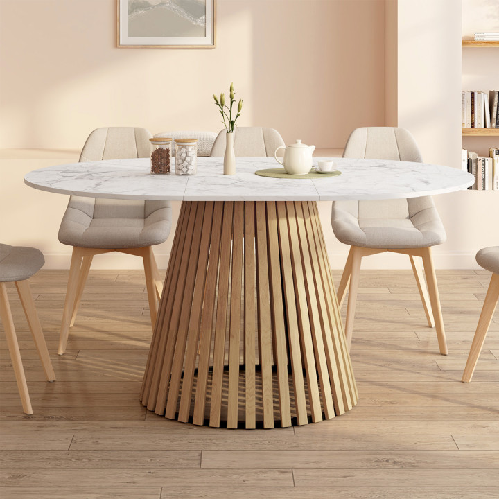 Tavolo da pranzo rotondo allungabile CARMEN per 4-8 persone con gambe a doghe in legno e piano in marmo bianco ALASKA 110 - 150