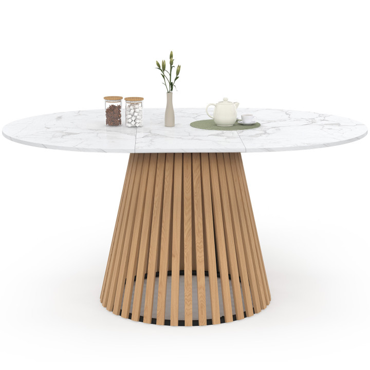 Tavolo da pranzo rotondo allungabile CARMEN per 4-8 persone con gambe a doghe in legno e piano in marmo bianco ALASKA 110 - 150