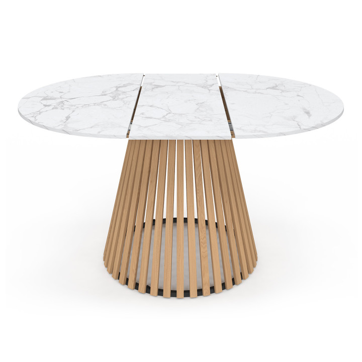 Tavolo da pranzo rotondo allungabile CARMEN per 4-8 persone con gambe a doghe in legno e piano in marmo bianco ALASKA 110 - 150