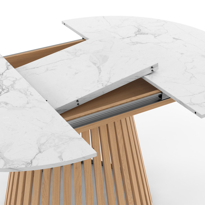 CARMEN mesa de comedor redonda extensible para 4-8 personas con patas de listones de madera y tapa de mármol blanco ALASKA 110 -