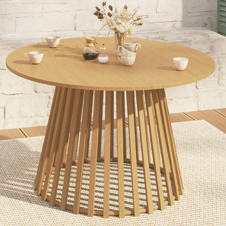 SOLAL Mesa de comedor de jardín redonda de 120 cm y 6 plazas con patas de listones metálicos efecto madera