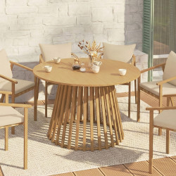 Runder Garten-Esstisch 120 cm 6 Personen mit Metall-Lattenfuß in Holzoptik