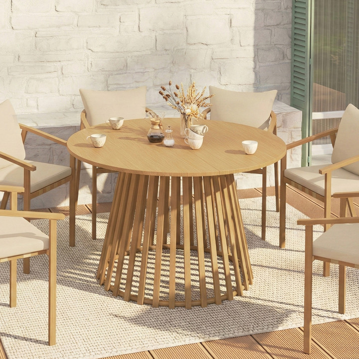 Ronde tuin-eettafel 120 cm 6-zits met metalen lattenpoten met houteffect