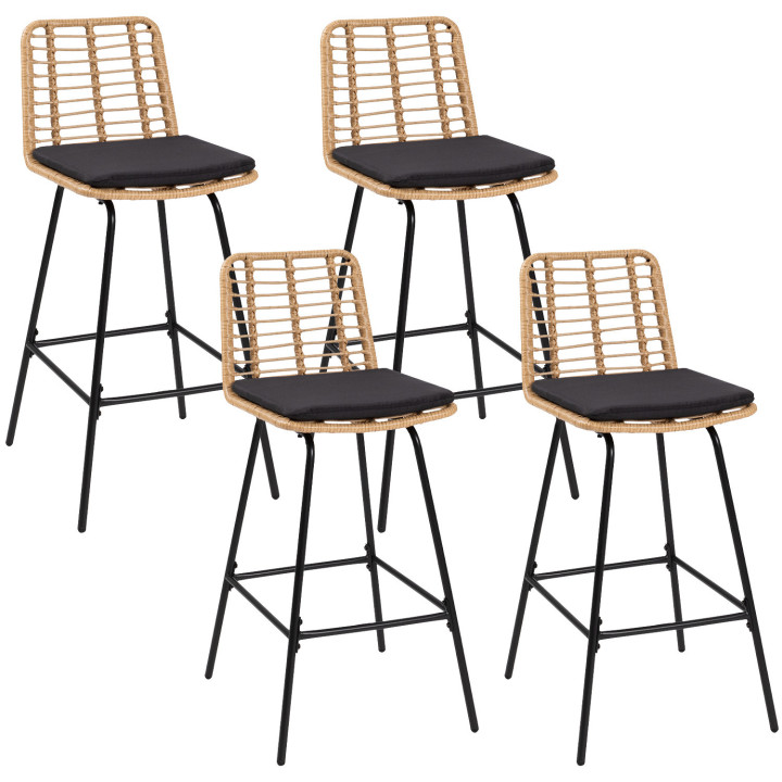 Set di 4 sgabelli da bar SUMMER effetto rattan con gambe in metallo nero