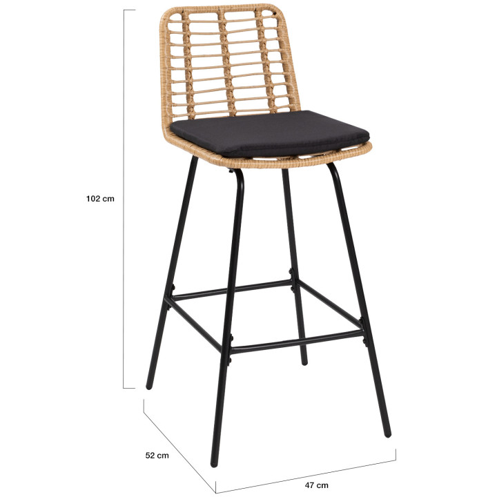 Set di 4 sgabelli da bar SUMMER effetto rattan con gambe in metallo nero