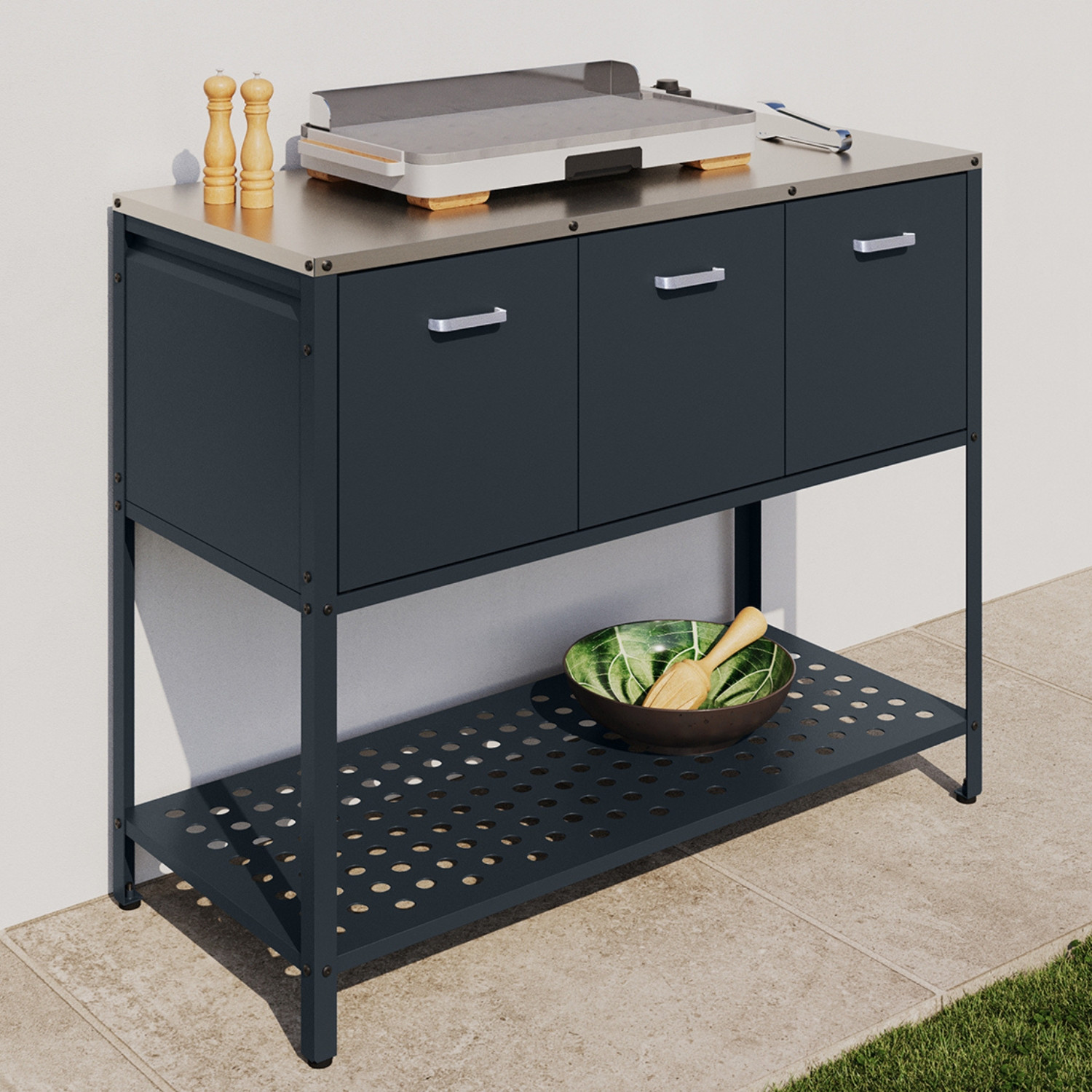 Meuble de cuisine extérieure 3 portes avec 1 étagère en acier gris anthracite - PAREO | IdMarket