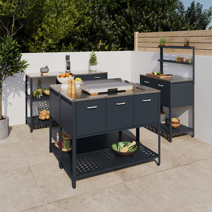 Cucina da esterno PAREO a 3 ante con 1 ripiano in acciaio grigio antracite