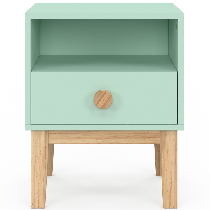 Comodino per bambini JACOB, 1 cassetto + 1 nicchia, verde acqua e legno