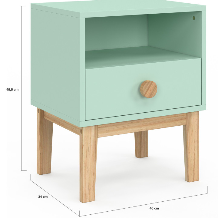 Comodino per bambini JACOB, 1 cassetto + 1 nicchia, verde acqua e legno