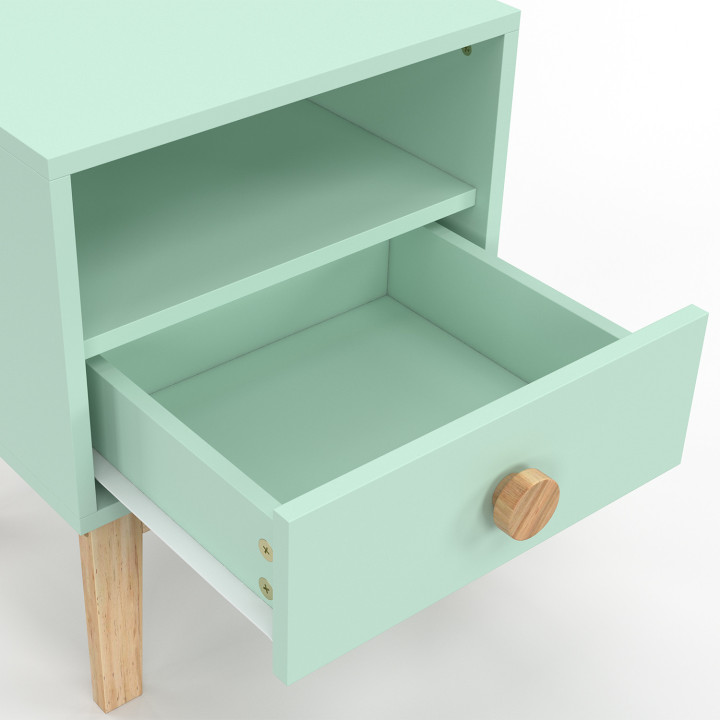 Comodino per bambini JACOB, 1 cassetto + 1 nicchia, verde acqua e legno