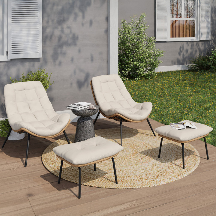 2er-Set Relax-Gartensessel LOA in Rattanoptik mit ecrufarbenen Kissen und Fußstütze