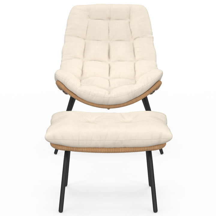 Set di 2 poltrone reclinabili LOA in rattan con cuscini ecrù e poggiapiedi