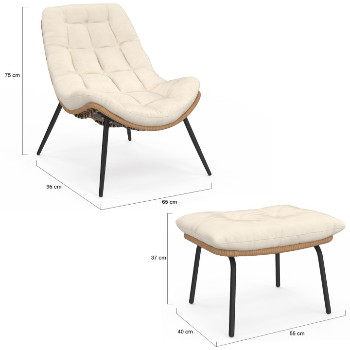 Set di 2 poltrone reclinabili LOA in rattan con cuscini ecrù e poggiapiedi