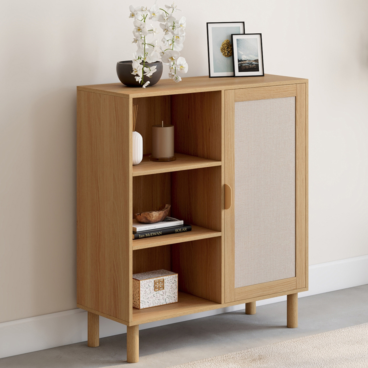 Buffet d'appoint 3 étagères et placard 70 cm bois et effet lin