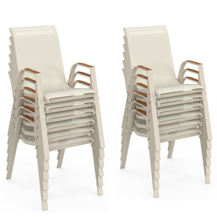 Gartenmöbel Ausziehbarer Tisch 135/270 CM Platte aus gehärtetem Glas in Holzoptik und 12 stapelbare Stühle Beige und Holz