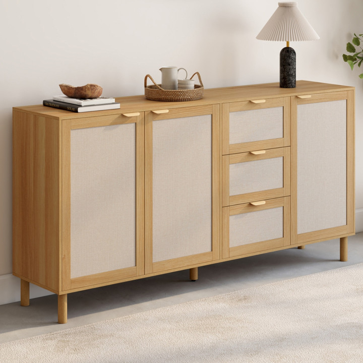 Buffet 160 cm ROBIN 4 portes bois et effet lin
