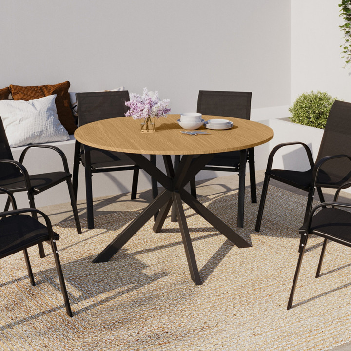 Tavolo da giardino rotondo MESSINA, 120 cm, 6 posti, gamba a ragno, piano in metallo effetto legno