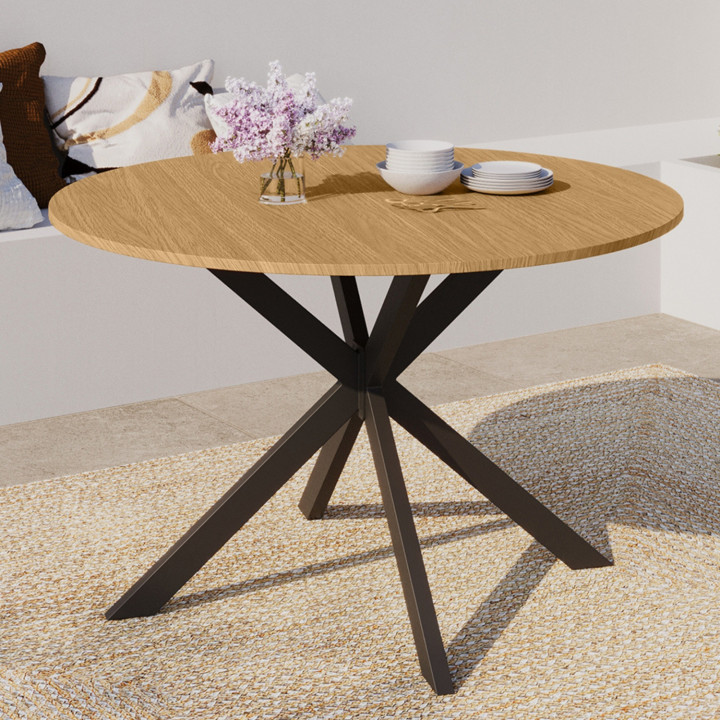 Tavolo da giardino rotondo MESSINA, 120 cm, 6 posti, gamba a ragno, piano in metallo effetto legno